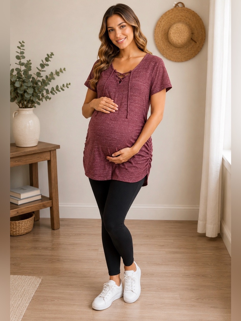 A:Glow Maternity Lace-Up Tee Large Burgundy Soft Stretch Short Sleeve Top